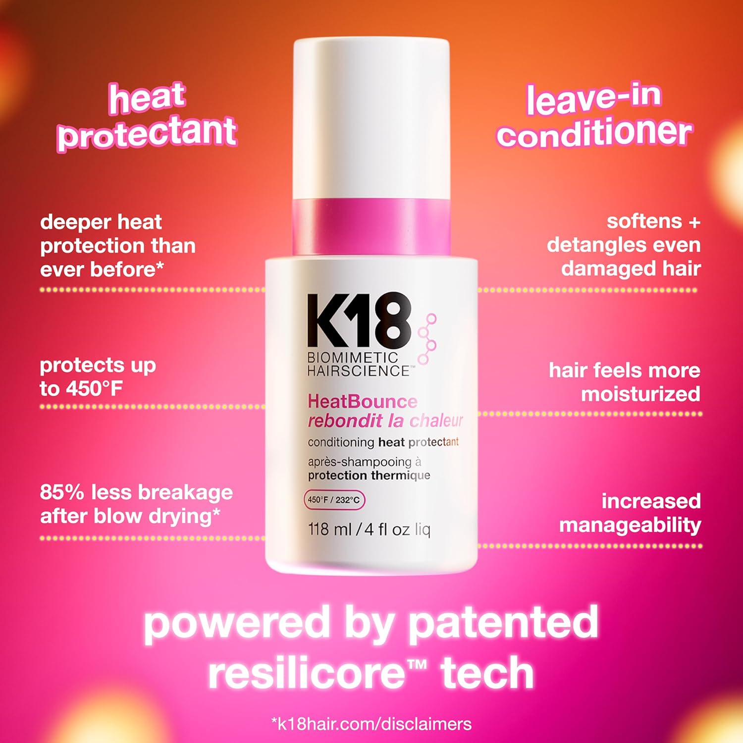 K18 Biomimetic Hairscience HeatBounce Conditioning Heat Protectant – 4 oz