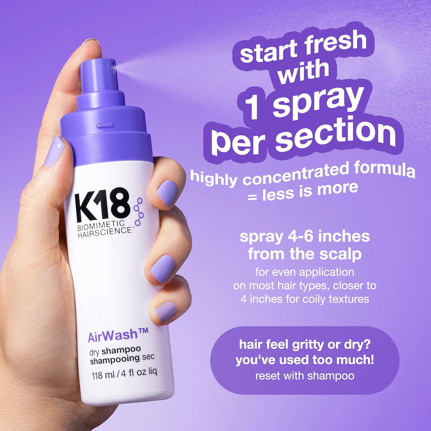 K18 Biomimetic Hairscience AirWash Dry Shampoo – 4 oz / 118 mL