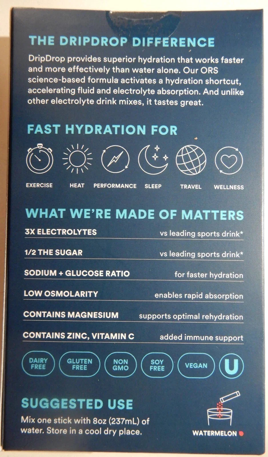 DripDrop Electrolyte Powder for Dehydration Relief, Watermelon, 8 Ct - Exotic Pro